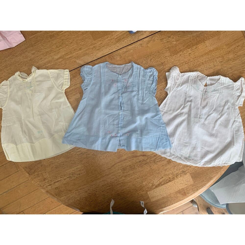 Vintage Baby Dress Set, Yellow, Blue & White Embroidered Infant Dresses 6-18M